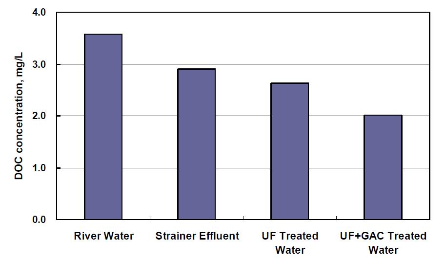 GAC 투입시 막여과(Dead-end mode) 전・후의 DOC 농도 변화