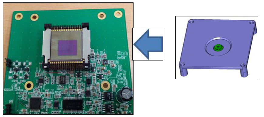 CLCC 패키지 센서가 탑재된 평가보드 +IR 렌즈 하우징 조립구조