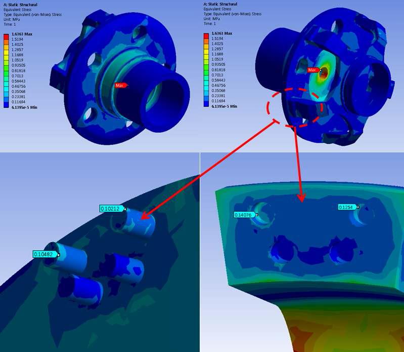 Carrier의 응력분포 및 체결부위 응력분포 해석결과