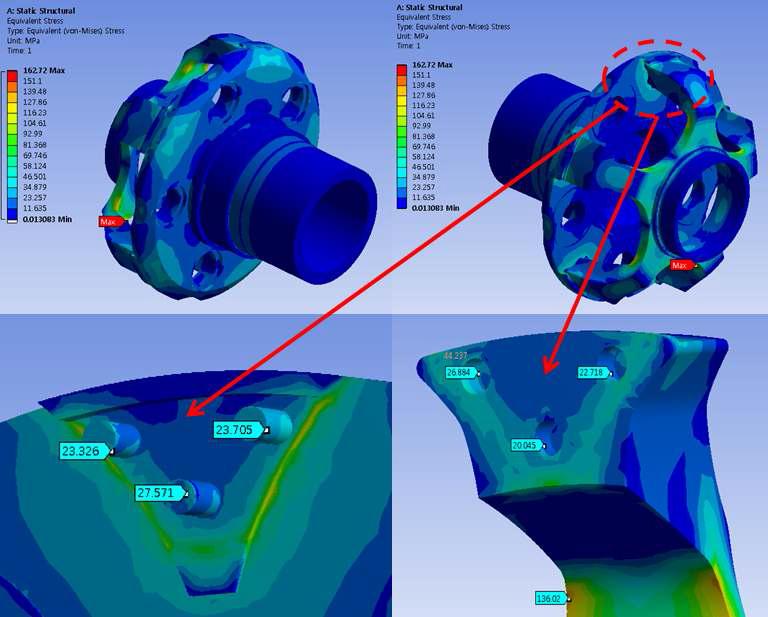 Carrier의 응력분포 및 체결부위 응력분포 해석결과