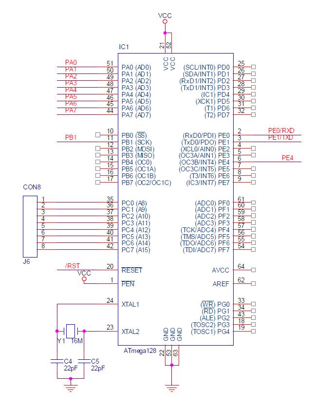 그리퍼 송수신 제어장치의 ATmega128 회로도