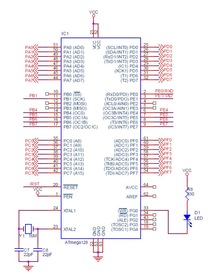 복합 그리퍼용 마스터 송수신 제어장치 ATmega128의 회로도