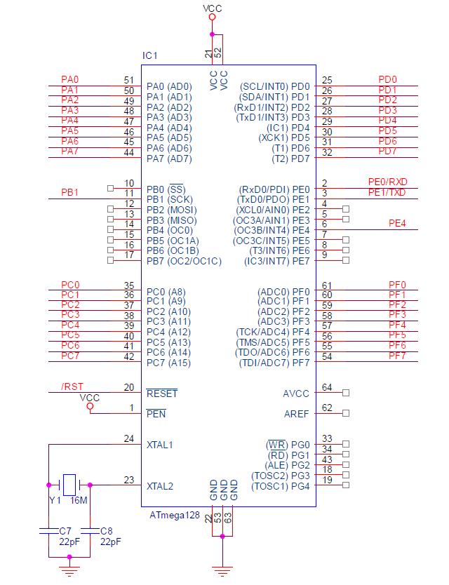 복합 그리퍼용 그리퍼 송수신 제어장치 ATmega128의 회로도