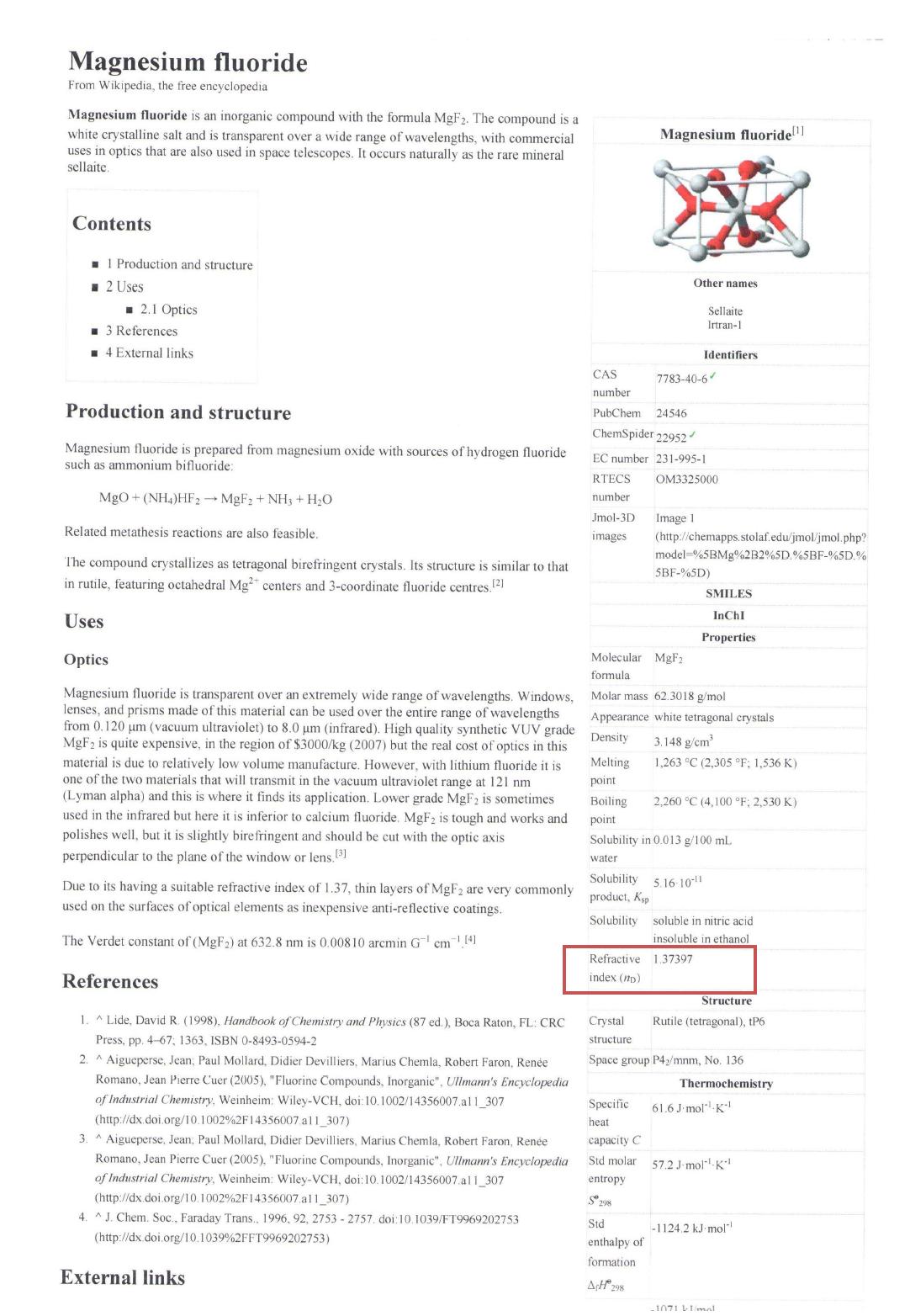 Magnesium Fluoride(MgF2)에 대한 Wikipedea 검색 결과