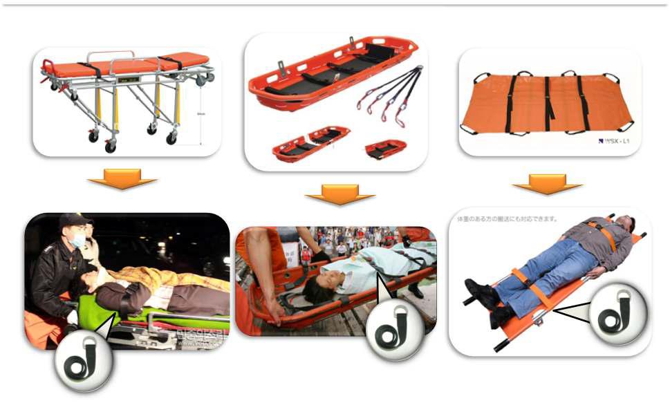스트랩으로 고정되는 기존의 환자 이송 들것
