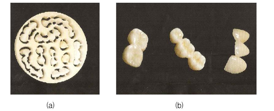 (a) 가공된 지르코니아 블록 (b) 지르코니아 소재의 치아 형태