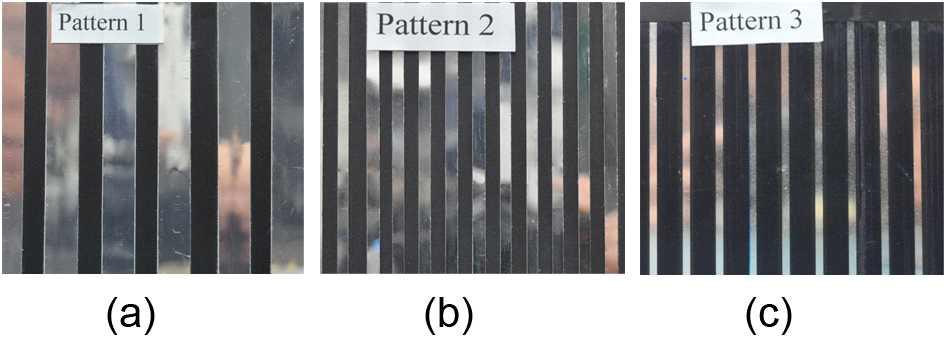 Three pattern sizes with (a) 0.5mm mirror slot and 8mm black width, (b)0.5 mm mirror slot and 3mm black width, (c) very narrow (less than 0.3mm) mirror slot and 2.5 mm black width.