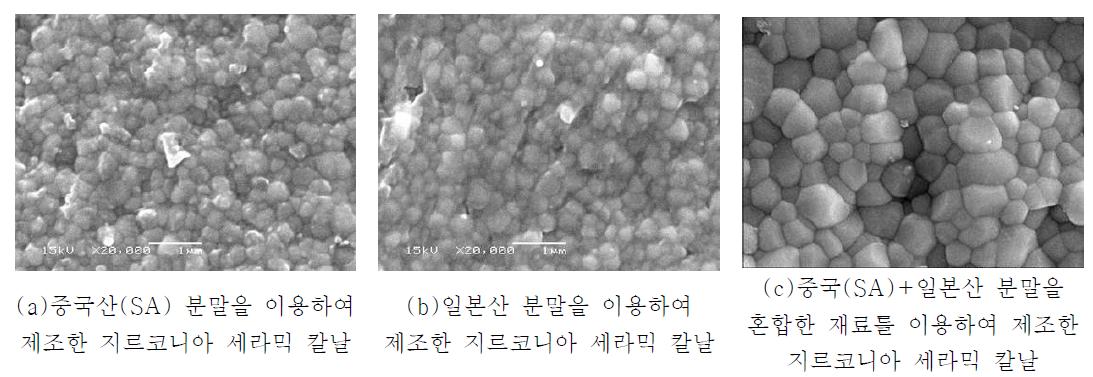 1420℃에서 소결한 지르코니아 세라믹 칼날의 미세구조 (배율 : 20000배)