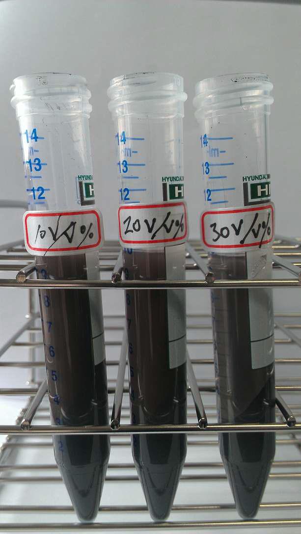 10, 20, 30 v/v%의 부피비로 증류수를 혼합한 후 원심분리한 시료 형상