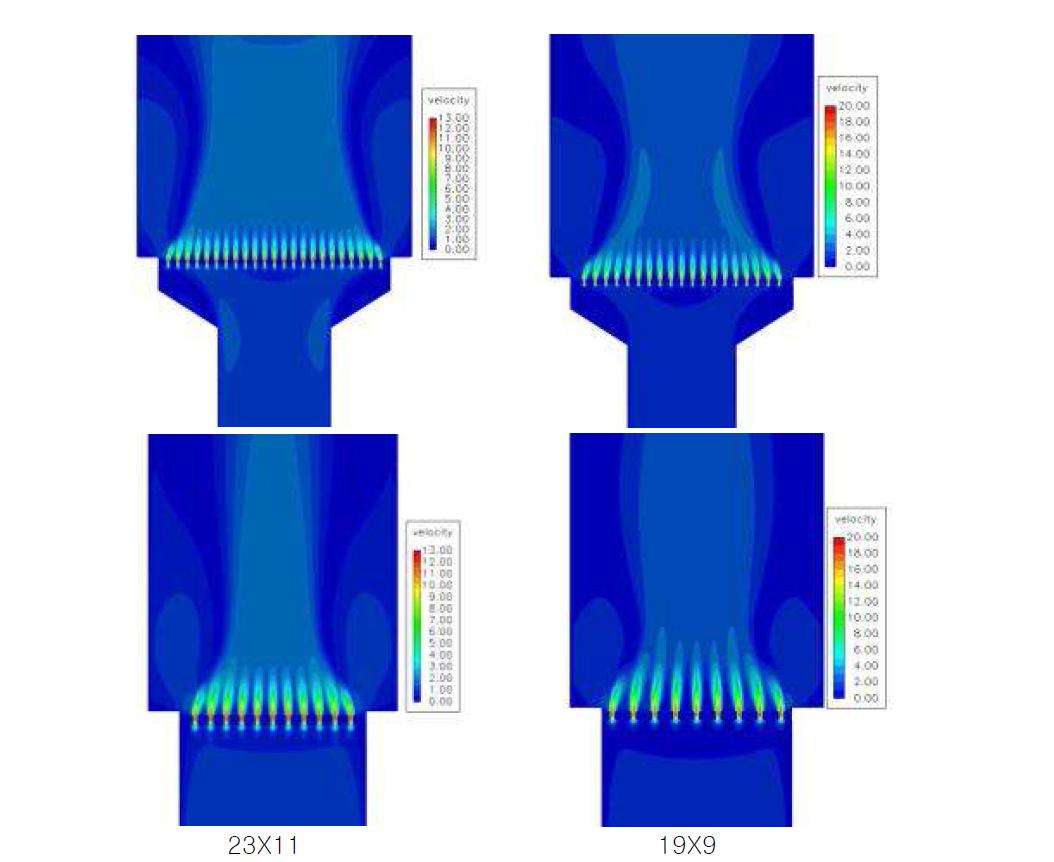 Baffle Plate의 홀 개수변화에 따른 유동분포 비교
