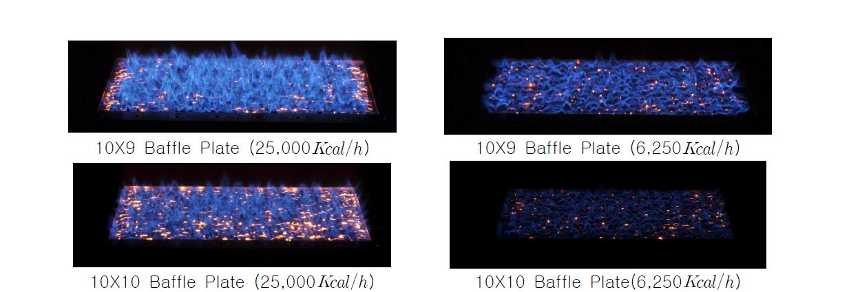 Baffle Plate 홀 간격에 따른 연소화염 비교