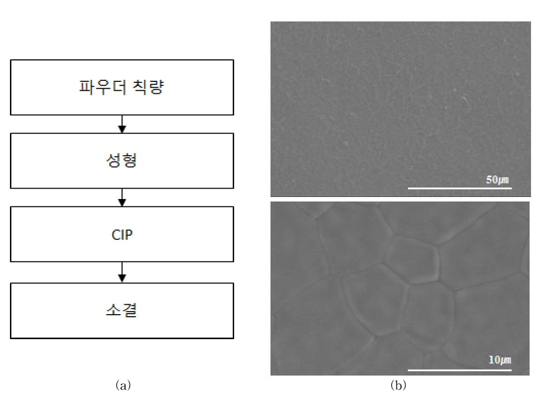 (a) 치밀한 고체전해질 제작 방법 및 (b) 소결처리된 YSZ 표면 미세구조