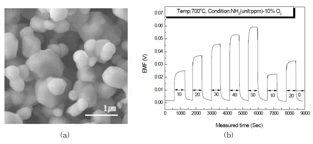 1100℃에서 열처리한 ZnO전극을 이용한 NH3 센서의 (a) 감지전극 SEM사진, (b) 감지특성