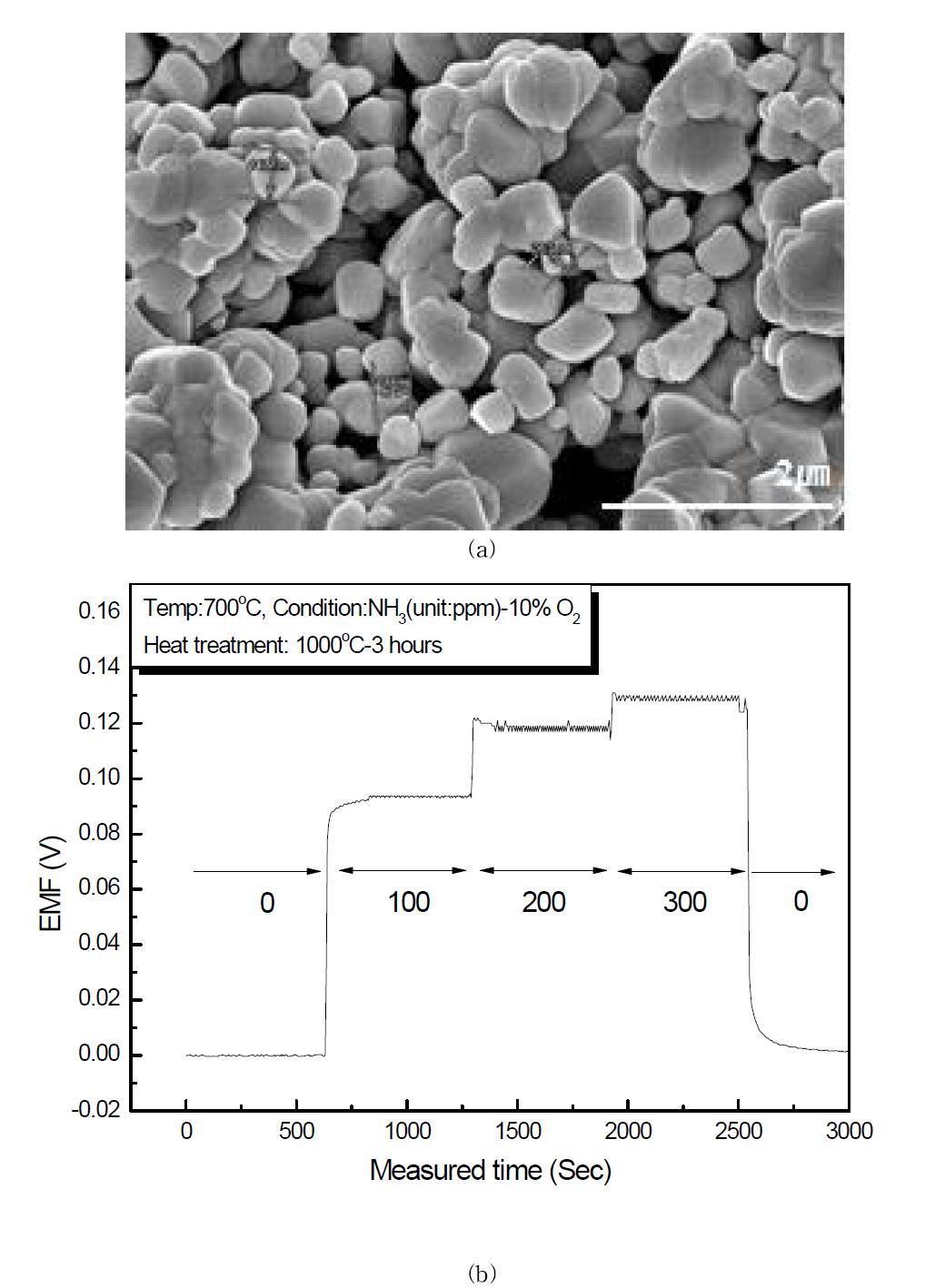 1000℃에서 열처리한 In2O3의전극을 이용한 NH3 센서의 (a) 감지전극 SEM사진, (b) 감지특성