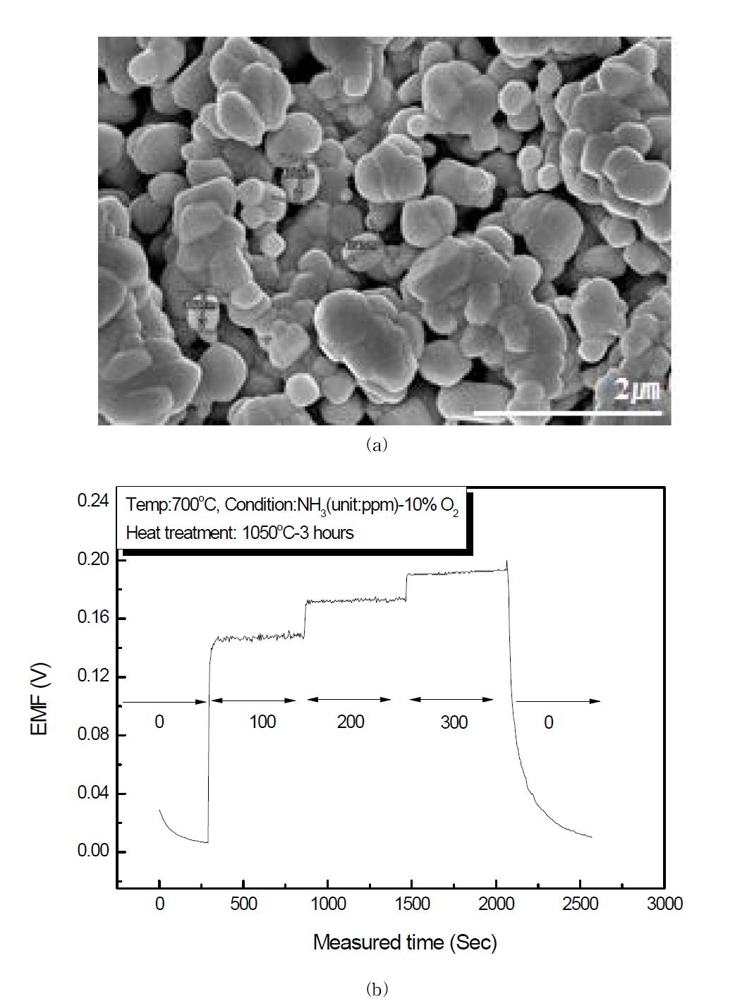 1050℃에서 열처리한 In2O3의전극을 이용한 NH3 센서의 (a) 감지전극 SEM사진, (b) 감지특성