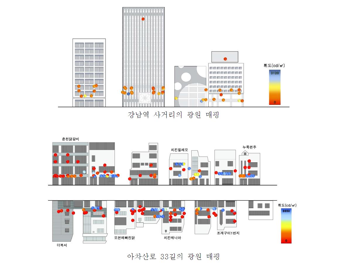 가상공간 상의 건물에 매핑된 광원