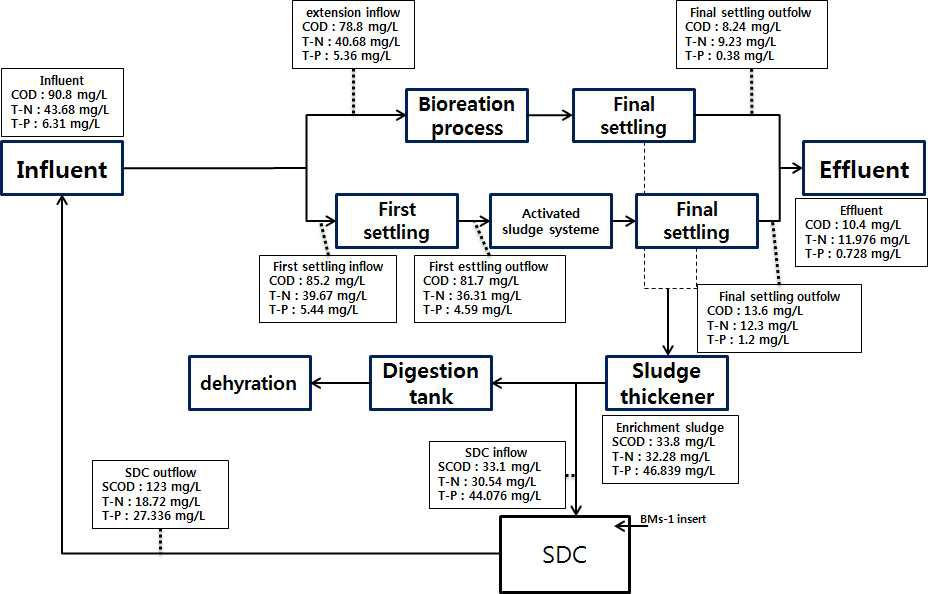 A 하수처리장의 BM-S-1 처리후의 하수처리 및 슬러지분해처리 단계의 물질수지 분석