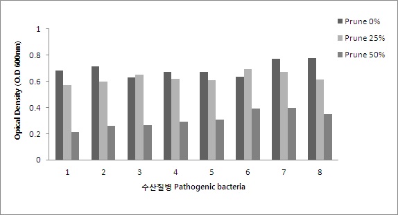 흡광도 600nm에서의 O.D 값에 따른 효소가열추출 잔사의 항균 효능.