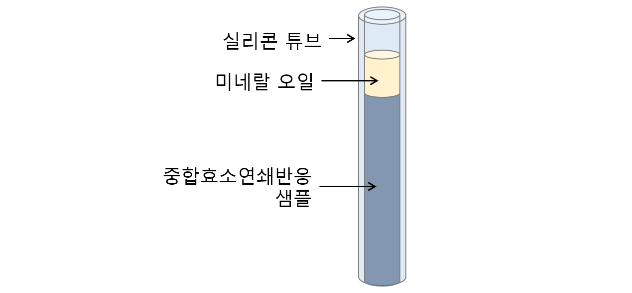 중합효소연쇄반응 중 마이크로 채널 내 기포 생성 억제를 위한 미네랄 오일과 함께 중합효소연쇄반응 샘플 주입 방법.