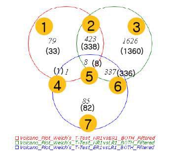 Volcano plot 분석 방법에 의해 선별된 DEG의 venn diagram Naive 마우스의 비장세포에서 분리한 monocytic CD11b+ 세포 (붉은 색)와 초기 암을 가진 마우스로부터의 monocytic CD11b+ 세포 (파란 색), 그리고 말기암을 가진 마우스에서 얻은 monocytic CD11b+ 세포 (녹색)에서 분석된 DEG의 분포. 괄호 안의 숫자는 control pobe를 제외한 유전자 갯수