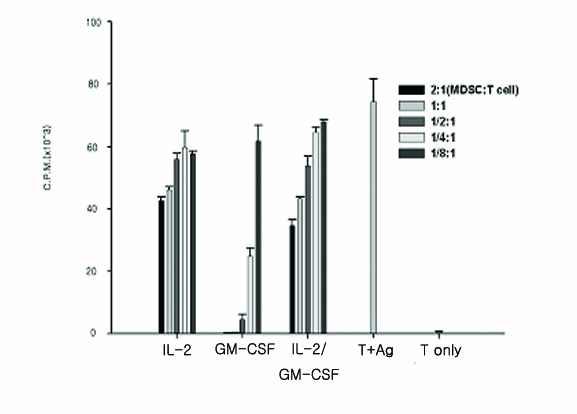 GM-CSF에 의해 분화된 Ly6Ghigh 세포의 면역 억제 기능 분석 DO11.10 마우스의 비장 세포를 250μg/ml의 OVA 단백질과 함께 배양할 때, 표시된 비율로 각각의 단백질과 7일 간 배양한 세포를 넣어주었음. 2일 후에 1uCi/well의 [3H]-thymidine을 추가한 다음, 20시간 후에 세포를 수확하여 세포의 [3H]-thymidine incorporation 정도를 측정하였음.
