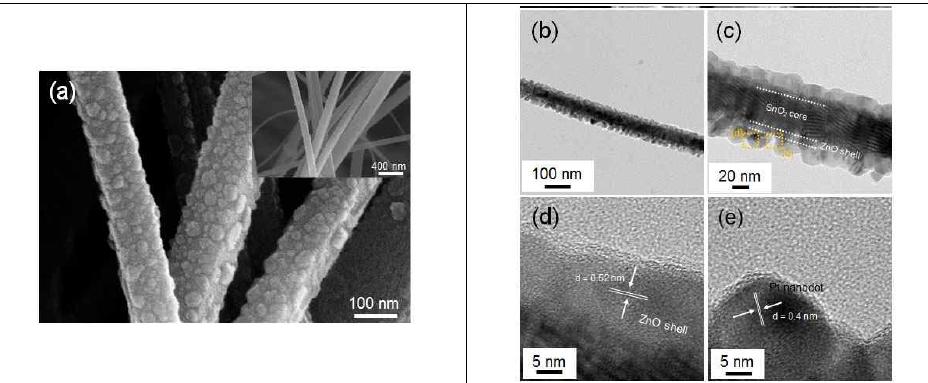 Pt 금속나노점 고착 SnO2-ZnO 코어-쉘 나노선 미세구조 이미지.
