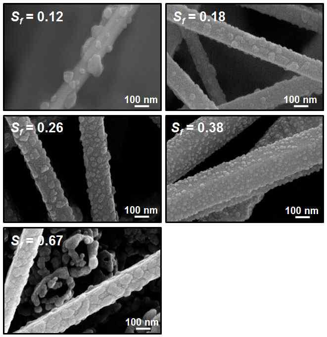 공정 조건에 따른 다양한 표면적 비 (Sf)를 가지는 나노선의 SEM 이미지.
