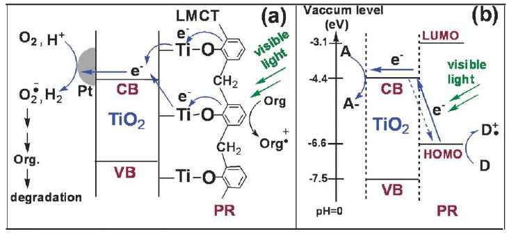 리간드-금속 전하 전달 메커니즘을 통해 PR-TiO2에서의 수소 생성과 유기물 분해 과정
