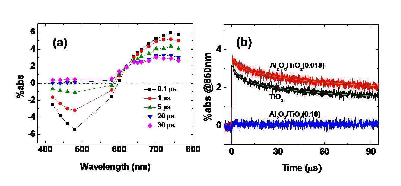 (a) Time-resolved Diffuse Reflectance Spectra 와 (b) Time Trace of dye cation