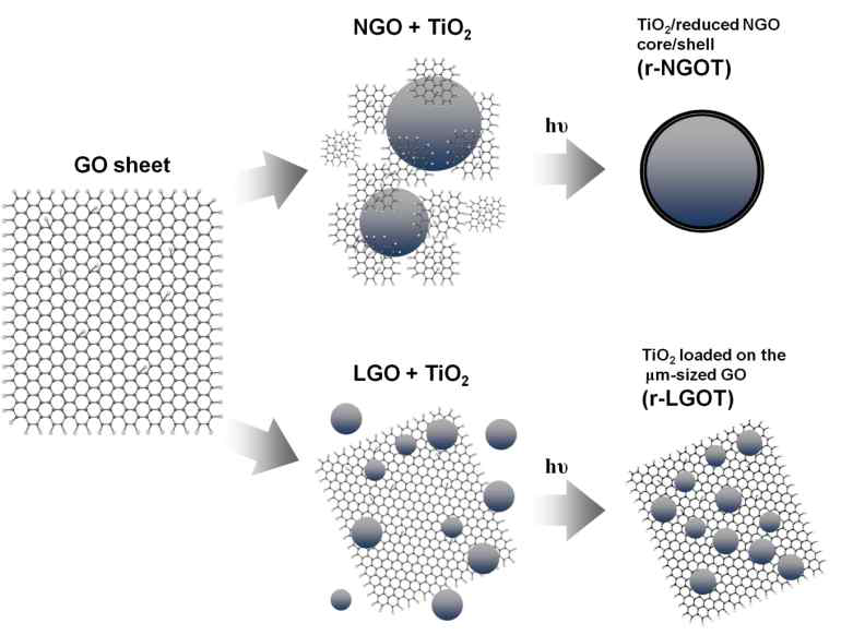 core-shell 형태의TiO2-graphene composite및 일반적인 형태의 TiO2-graphene composite의 도식 화된 합성 방법