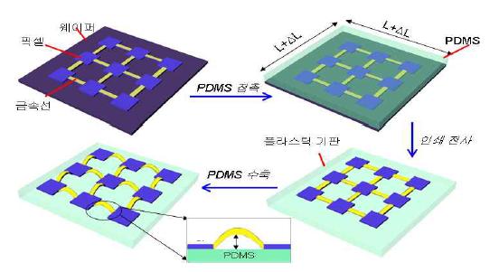 2차원 평면형 신축 가능한 소자 공정 모식도.