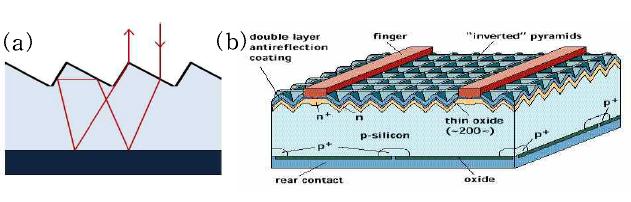 (a) 표면 거칠기를 조절한 태양전지 내에서의 빛의 진행 경로, (b) PERL 태양전지의 구조.