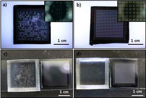 RIE 식각 시간에 따른 전사 수율. a,b) 3분과 11분 RIE 식각 후 희생층이 제거된 후 실리콘 위의 패턴, c,d) 3분과 11분 PDMS로 전사시킨 후 사진.