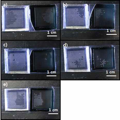 희생층 두께에 따른 전사 수율 비교. a) 10 nm b) 30 nm, c) 50 nm, d) 100 nm, e) 150 nm.