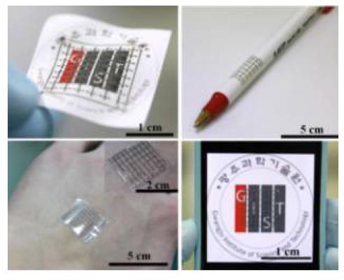 다양한 표면 (종이-펜-손등-휴대폰)에 부착한 테이프형 ZnO 박막 트랜지스터 소자.