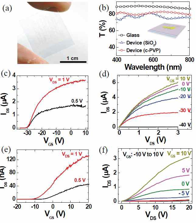 유리기판에 옮긴 소자의 투명도 및 전류-전압 그래프