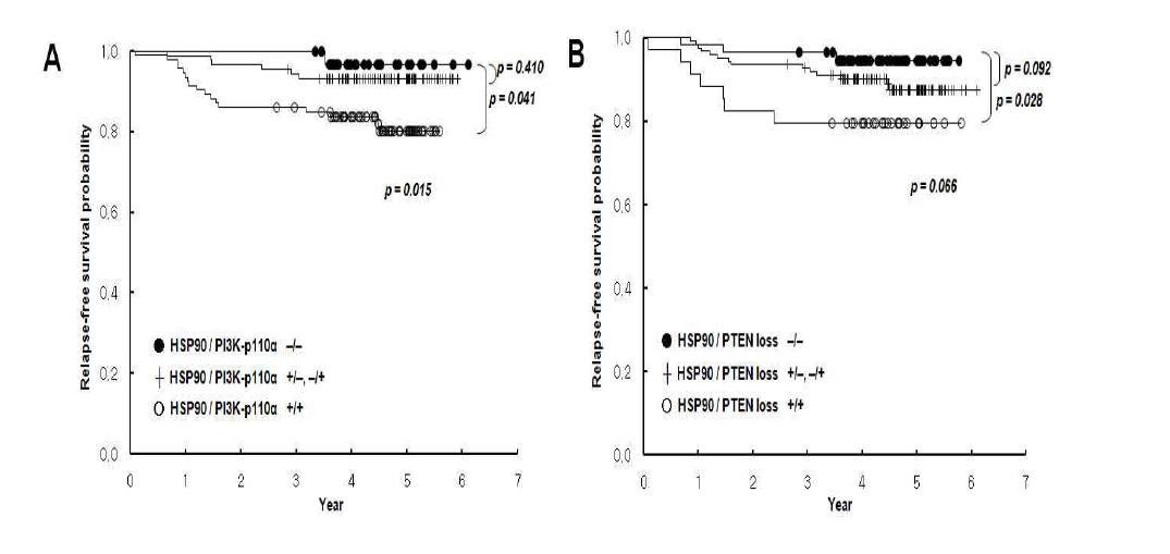 PI3K-p110 alpha expression및 PTEN loss를 보이는 환자 군의 종양에서 에서HSP90발현이 있는 경우 더 낮은 무병생존율을 나타냄.