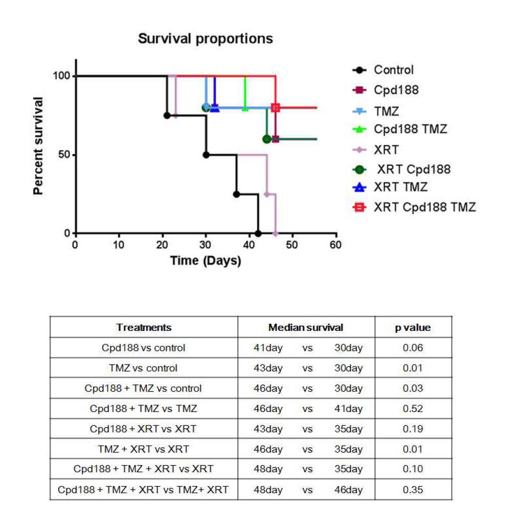 Kaplan-Meyer survival curves were generated by software GraphPad Prism 6.0. Survival of mice increases after administration of TMZ, Cpd188, or TMZ+Cpd188 in nude mice bearing intracranial U251 xenografts.