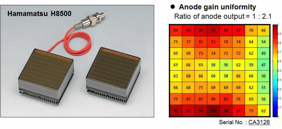 멀티채널 PMT(Hamamatsu H8500)와 각 채널에 대한 gain uniformity.