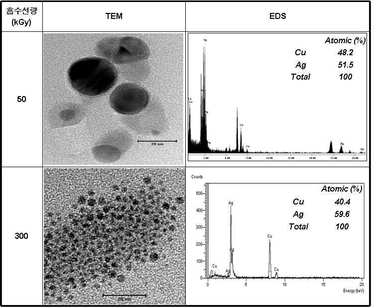 은-구리 합금 나노입자의 TEM 이미지 및 EDS 스펙트럼