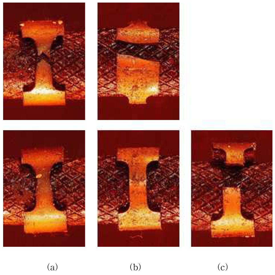 조사 링시편(as-received) (a) 과 수소충진된 시편 (300ppm(b), 600ppm(c)) 의 인장시험 후 시편모습