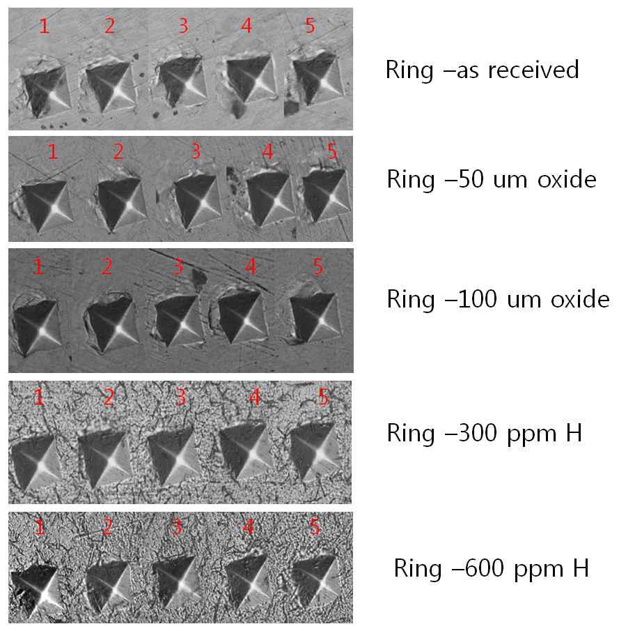 조사된 링시편 금속층에 있는 다이아몬드 인덴터의 압흔 모습