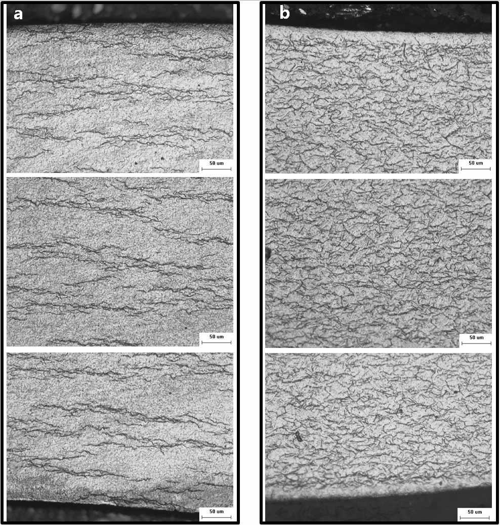 수소장입 ring시편의 조사전(a), 조사후(b) 미세구조 변화 (수소농도: 600ppm).