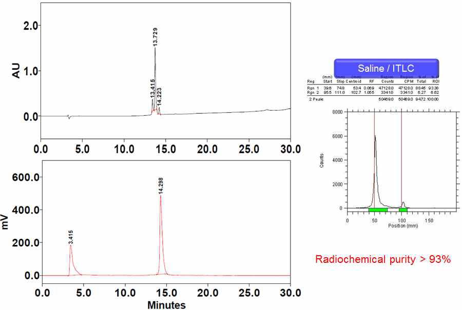 I-124 표지 후 HPLC chromatogram과 radio-TLC 결과