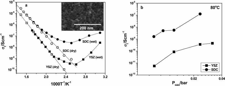 The total conductivity, st, measured in YSZ and SDC pellets with an average grain size of 13 and 15 nm, respectively, under dry and water saturated O2 (PH2O ¼ 2.3 102 bar) as a function of temperature. The inset shows an SEM image of a fractured surface of the nanocrystalline YSZ pellet (a); PH2O dependence of the st measured at 80 C (b).