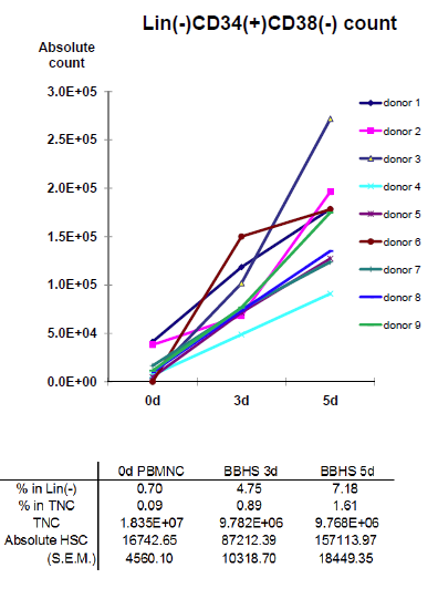 혈구세포괴 배양시의 Lin(-) CD34(+) CD38(-)증가