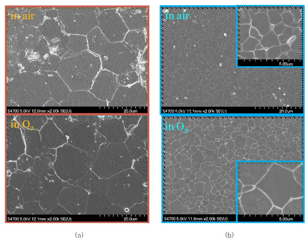 1350℃ 소결된 (a)BZCY172 및 (b)BZCY352의 소결 분위기 가스에 따른 미세구조 변화