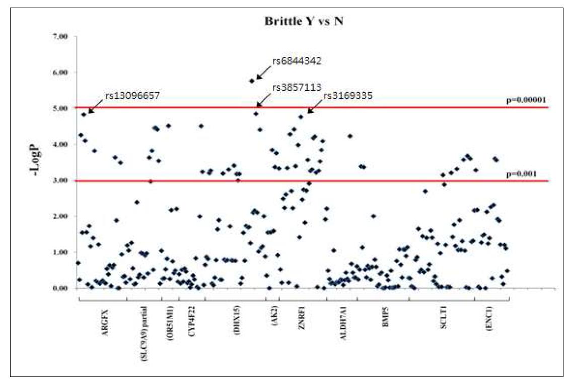 -Log(P-value) plot in the analysis between brittle patient and controls