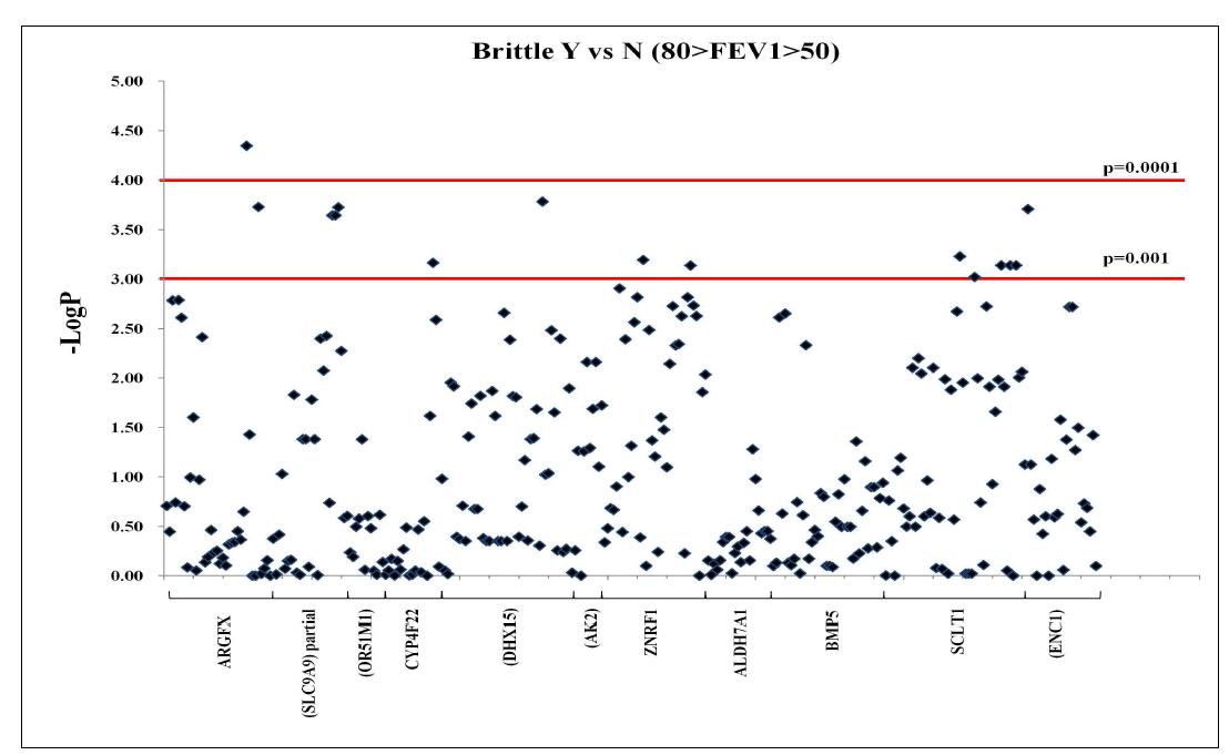 -Log(P-value) plot in the analysis between brittle patient and controls