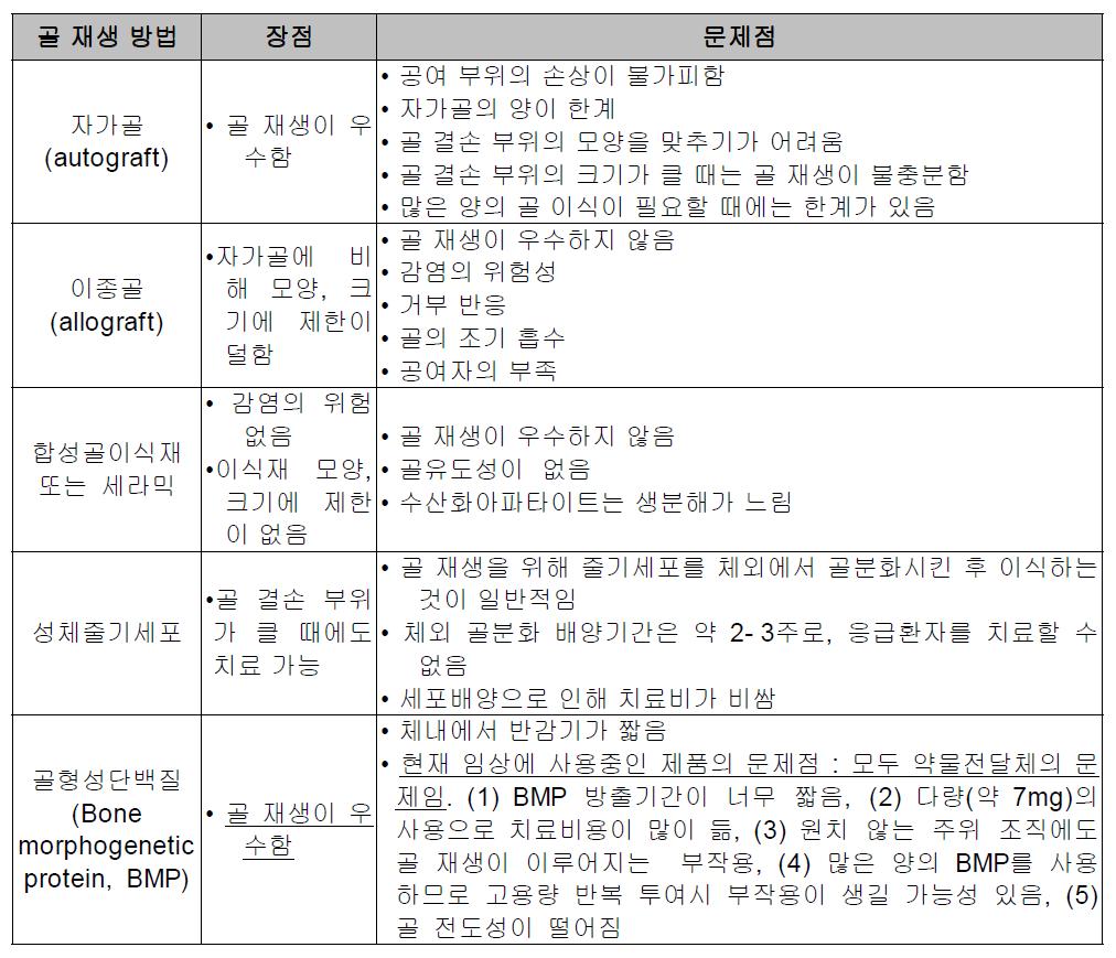 현재의 골 재생 방법과 문제점.